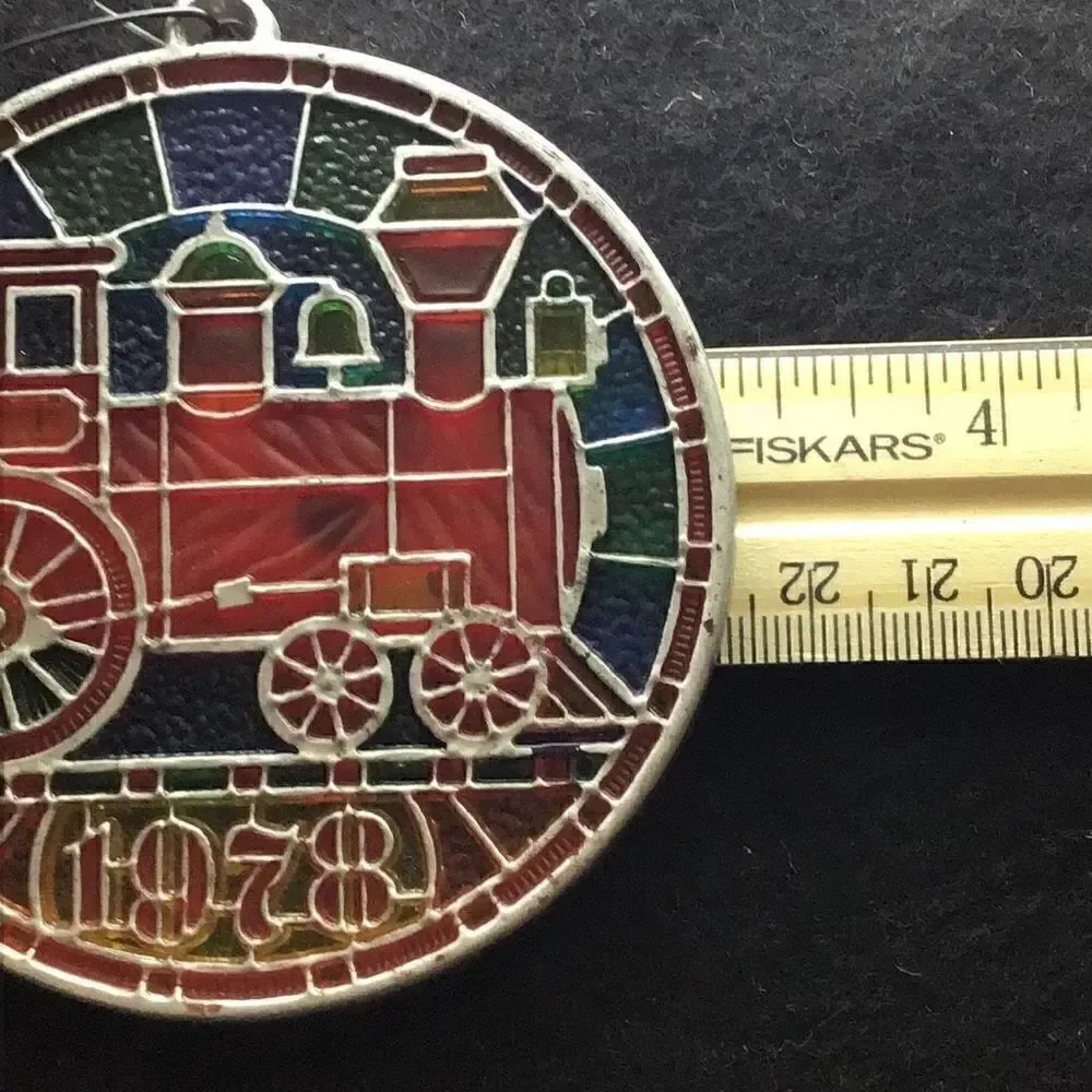 Vintage 1978 3 inch round stained glass like Train ornament